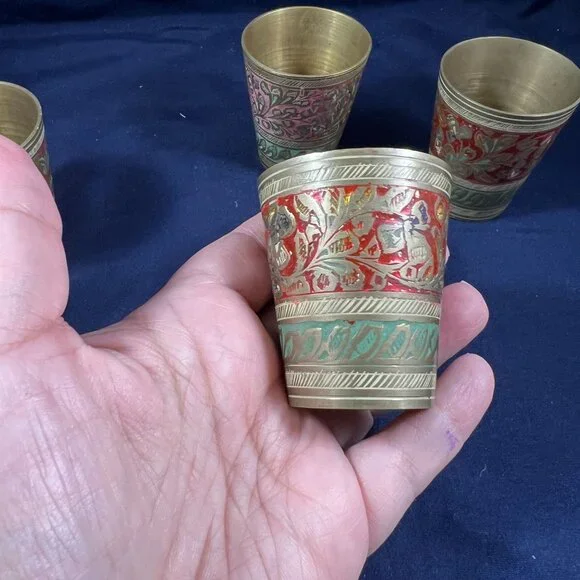 Vintage Brass Shot Glasses With Intricate Red & Green Floral Detailing And Woode - Picture 4 of 7